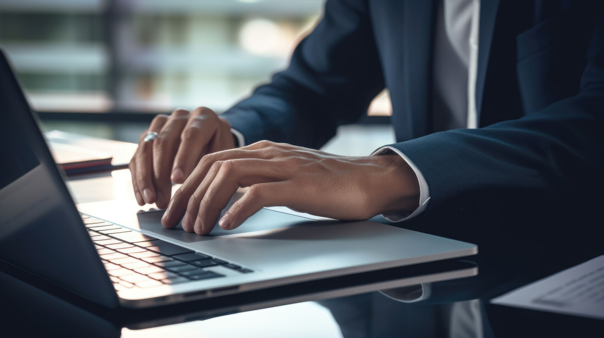 Hände tippen auf Laptop, symbolisiert digitale Kompetenz und effiziente Arbeit bei Pust & Partner GbR Berlin.